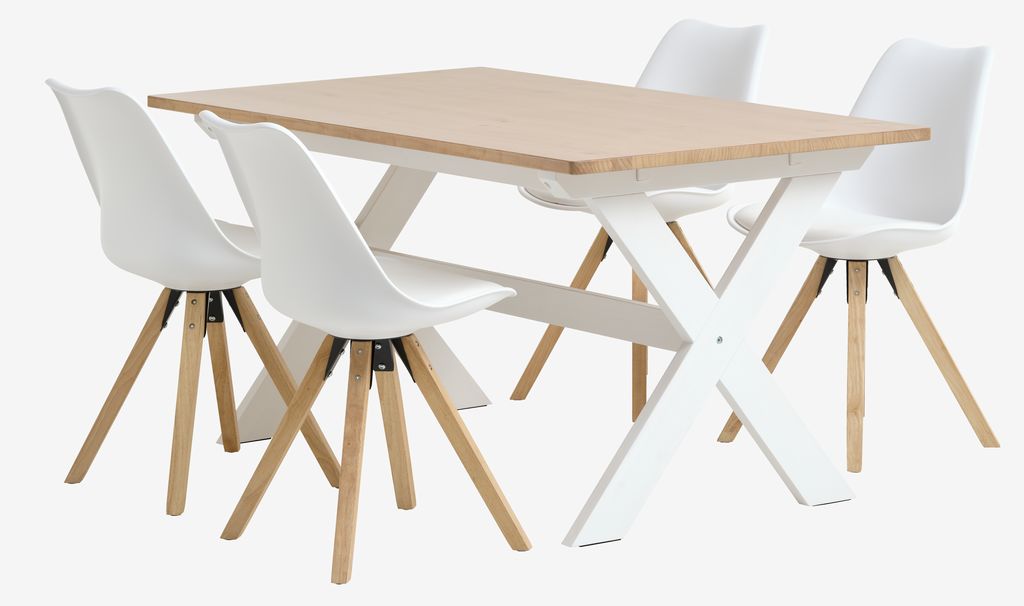 Table VISLINGE L150 naturel + 4 chaises BLOKHUS blanc JYSK