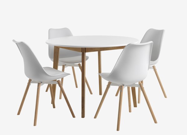 JEGIND Ø105 table blanc + 4 KASTRUP chaises blanc