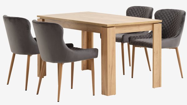 Table LINTRUP L140 chêne + 4 chaises PEBRINGE velours gris