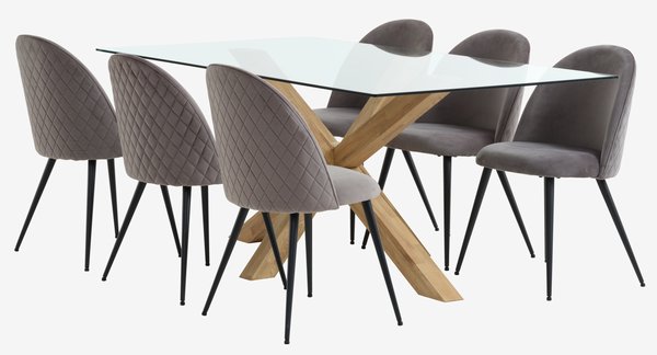 Table AGERBY L160 chêne + 4 chaises KOKKEDAL velours gris