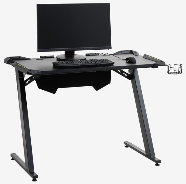 Gaming desk LINDHOLM with LED/cup holder black