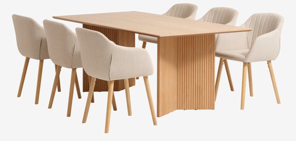 VESTERBORG L200 table chêne + 4 ADSLEV chaises beige