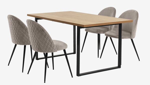 Mesa AABENRAA L160 roble + 4 sillas KOKKEDAL terciopelo gris