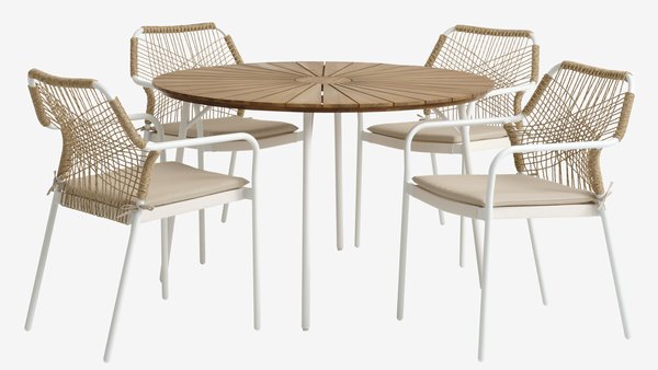 BASTRUP Ø120 bord hårdttræ/hvid + 4 FASTRUP stole