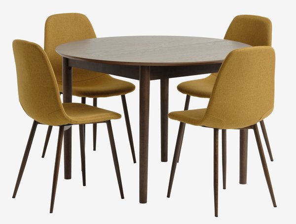 Table MARSTRAND Ø110 chêne foncé + 4 chaises JONSTRUP curry