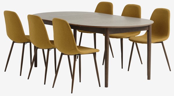 Table MARSTRAND Ø110 chêne foncé + 4 chaises JONSTRUP curry