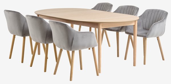 Table MARSTRAND Ø110 chêne + 4 chaises ADSLEV velours gris