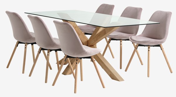 AGERBY L190 bord eik + 4 KASTRUP stol lyserød fløyel
