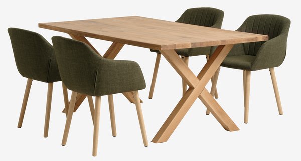 GRIBSKOV L180 table chêne + 4 ADSLEV chaises olive