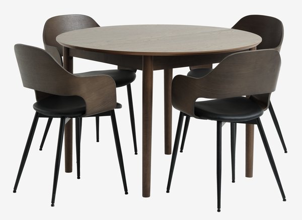 Table MARSTRAND Ø110 chêne foncé + 4 chaises HVIDOVRE chêne