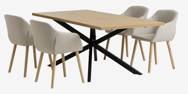 Table NORTOFT L200 chêne + 4 chaises ADSLEV tissu beige