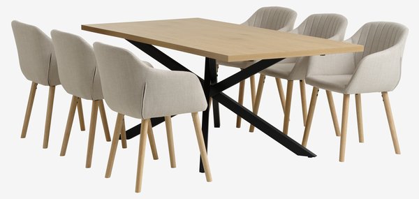 Table NORTOFT L200 chêne + 4 chaises ADSLEV tissu beige