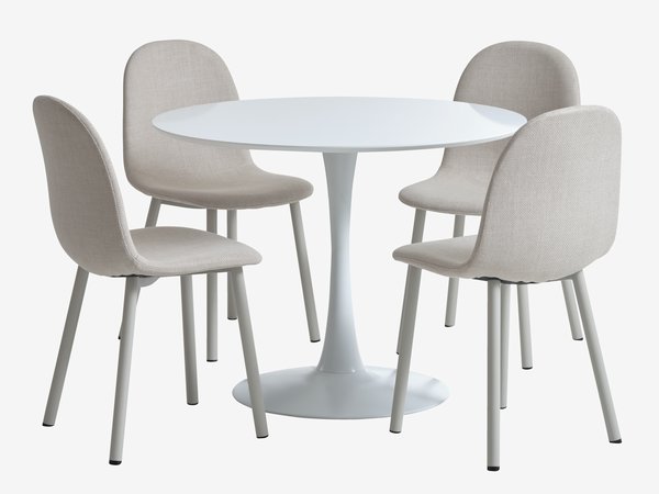 RINGSTED Ø100 table blanc + 4 EJSTRUP chaises beige