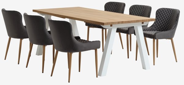 SKAGEN L200 table blanc/chêne + 4 PEBRINGE chaises vel. gris