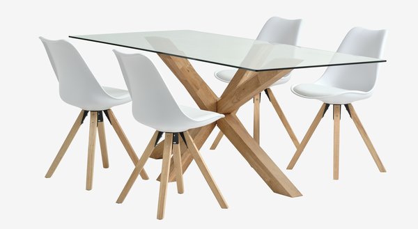 Mesa AGERBY L190 roble + 4 sillas BLOKHUS blanco