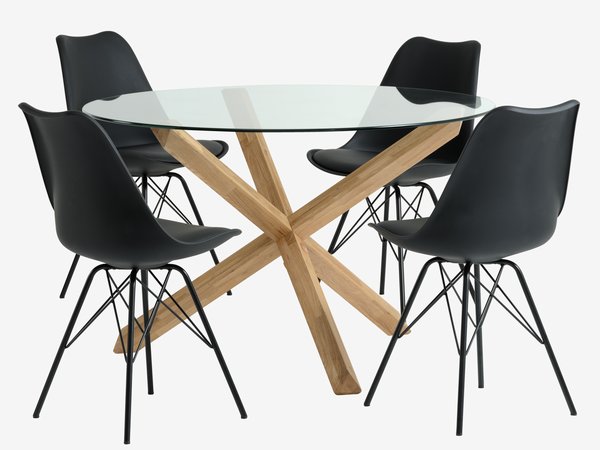 AGERBY Ø119 tafel eik + 4 KLARUP stoelen zwart