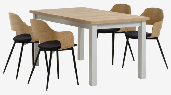 Mesa MARKSKEL L150/193 gris claro + 4 sillas HVIDOVRE roble