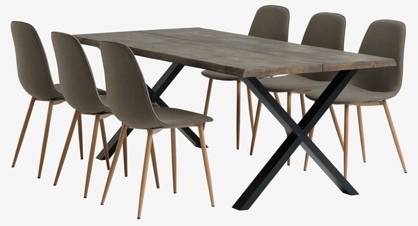Table ROSKILDE L200 chêne foncé + 4 chaises BISTRUP olive