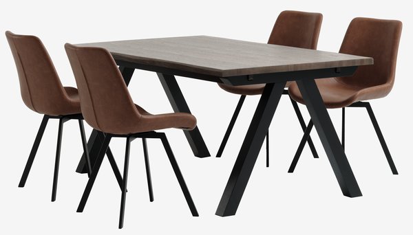 SANDBY L160 Tisch dunkle Eiche + 4 HYGUM Stühle cognac