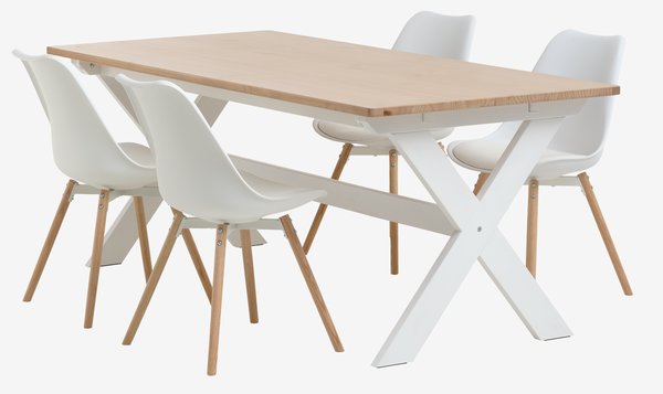VISLINGE H190 asztal natúr + 4 KASTRUP szék fehér