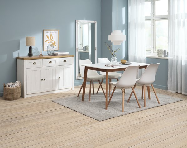 Mesa JEGIND L130 blanco + 4 sillas KASTRUP blanco