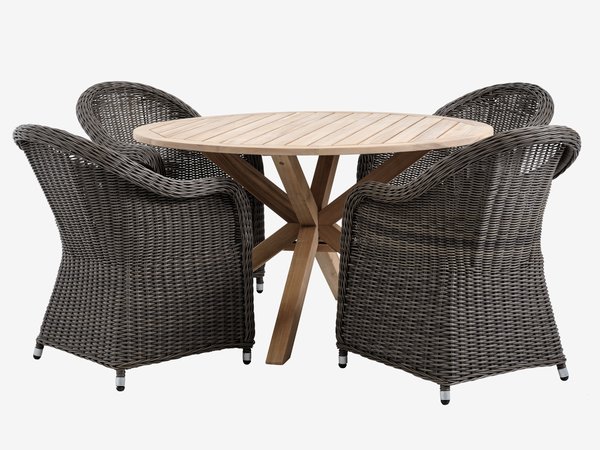 HESTRA Ø126 table acacia + 4 GAMMELBY chaises gris