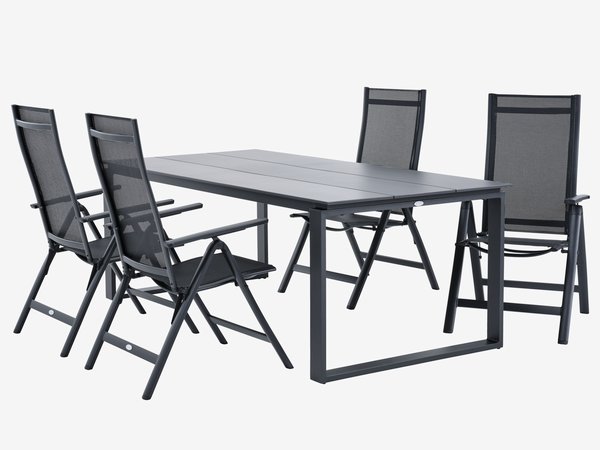 Table KOPERVIK L215 gris + 4 chaises LOMMA inclinable noir