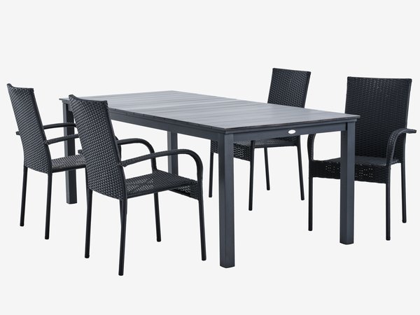 Table MOSS L214/315 gris + 4 chaises GUDHJEM empilable noir