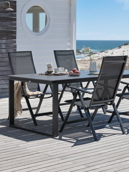 Mesa KOPERVIK L215 gris + 4 sillas LOMMA negro