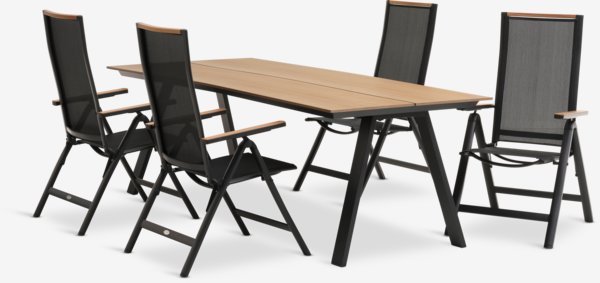 Table FAUSING L220 naturel + 4 chaises BREDSTEN noir