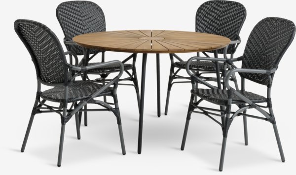 BASTRUP Ø120 маса тв.дървесина/черно + 4 SAKSBORG стола сиви