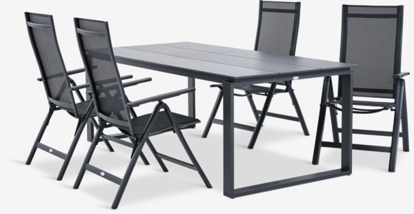 Mesa KOPERVIK L215 gris + 4 sillas LOMMA negro