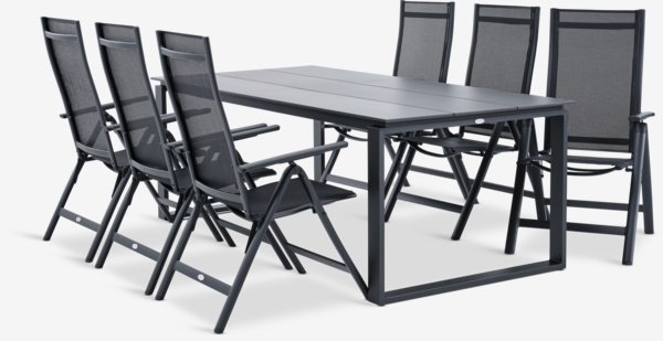 KOPERVIK P215 pöytä harmaa + 4 LOMMA tuoli musta