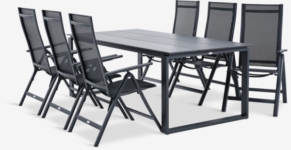 Mesa KOPERVIK L215 gris + 4 sillas LOMMA negro