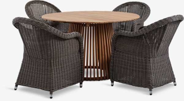 UDBYNEDER Ø120 bord teak + 4 GAMMELBY stol grå