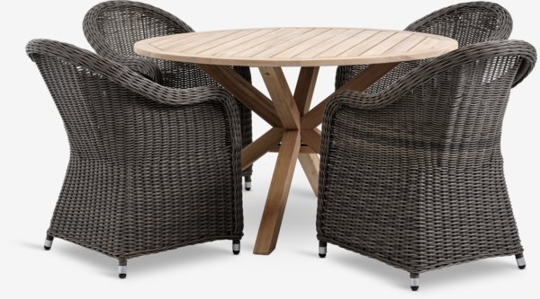 Mesa HESTRA Ø126 madera dura + 4 sillas GAMMELBY gris