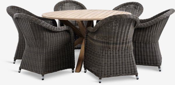 HESTRA Ø126 tafel hardhout + 4 GAMMELBY stoelen grijs