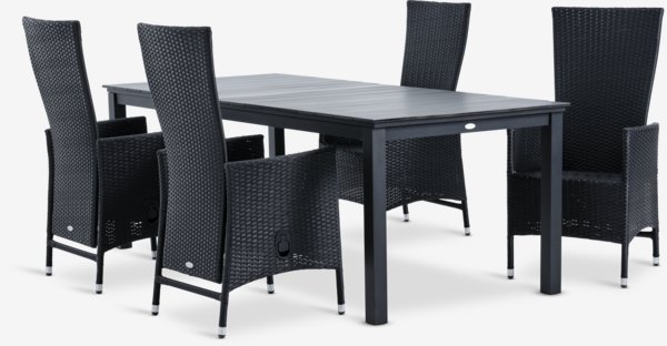 Table MOSS L214/315 gris + 4 chaises SKIVE inclinable noir