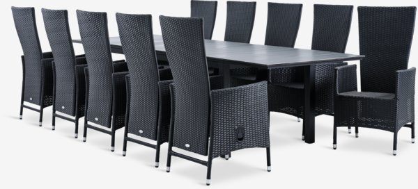 Table MOSS L214/315 gris + 4 chaises SKIVE inclinable noir