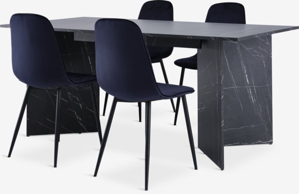 KRONDAL L180 table marbre + 4 BISTRUP chaises velours bleu f