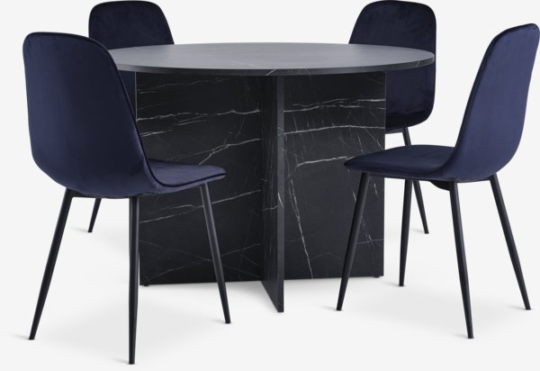 KRONDAL D110 table marble + 4 BISTRUP chairs b.dark velvet