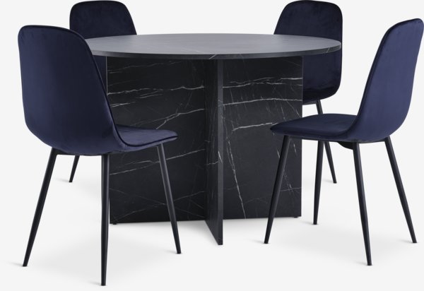 KRONDAL D110 table marble + 4 BISTRUP chairs b.dark velvet