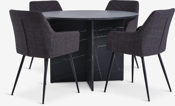 KRONDAL Ø110 table marbre + 4 PURHUS chaises gris/noir