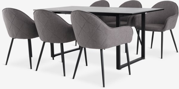 Table MOSELUND L180 céramique + 4 chaises SABRO gris/noir