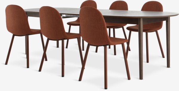 MARSTRAND L200/280 tafel donker eiken + 4 EJSTRUP terracotta