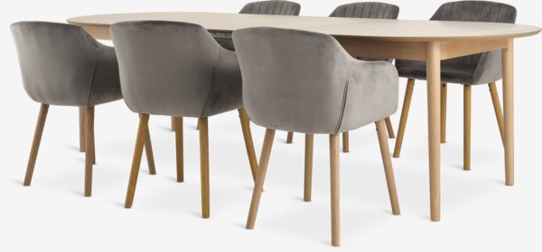 MARSTRAND L200/280 table oak + 4 ADSLEV chairs grey velvet