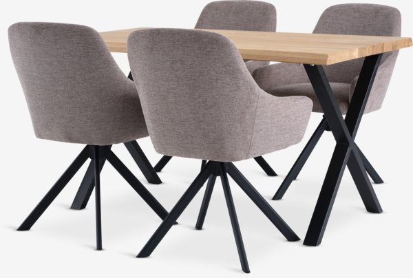 ROSKILDE L140 table ch. nat. + 4 ROSTRUP chaises beige/noir