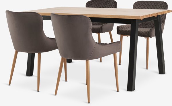 SKOVLUNDE L160 table nat. oak + 4 PEBRINGE chair grey velvet