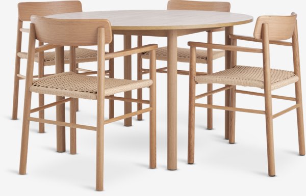 Table ALSTED Ø120 chêne + 4 chaises ISLEV a/accoudoirs chêne