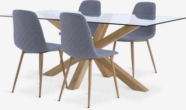 Table AGERBY L190 chêne + 4 chaises JONSTRUP bleu clair